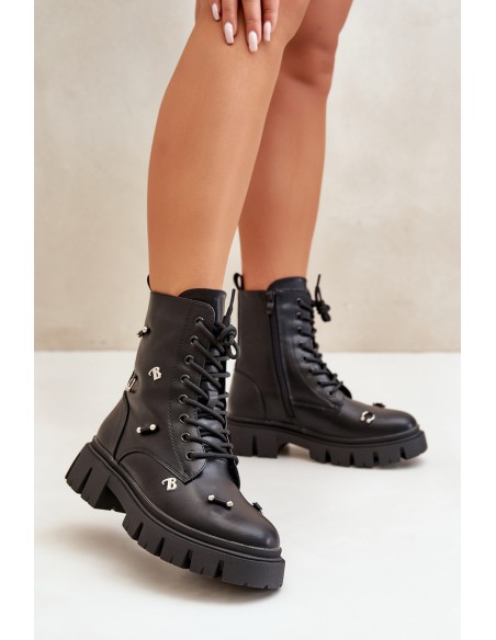 Women's Worker Boots With Decorations Eco Leather Black Cadenilla