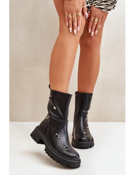 Women's Eco Leather Ankle Boots With Zipper And Decorative Details Black Reritha