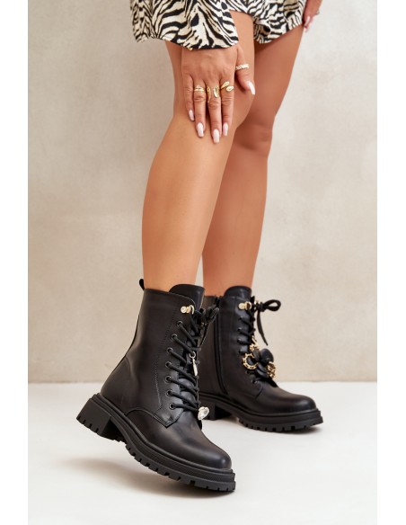 Eco Leather Women's Worker Boots With Pins Black Rianael