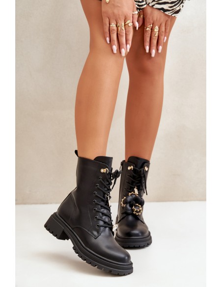 Eco Leather Women's Worker Boots With Pins Black Rianael