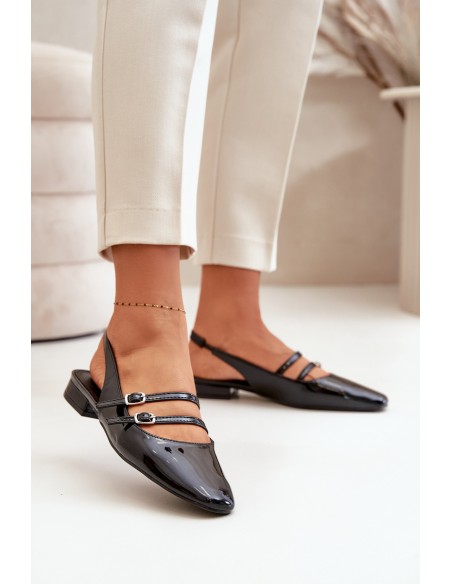 Lacquered Ballet Flats With Straps On Low Heel Black Bialettia
