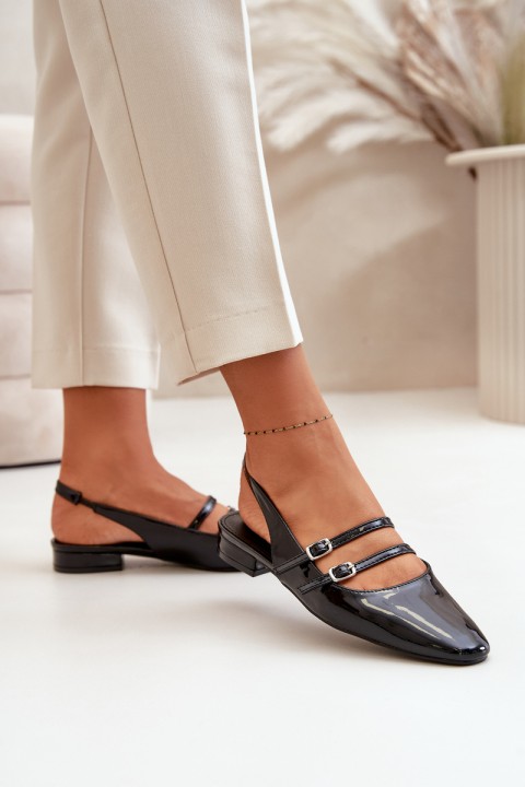 Lacquered Ballet Flats With Straps On Low Heel Black Bialettia