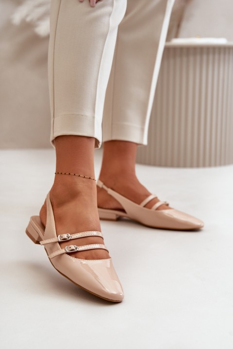 Lacquered Ballet Flats With Straps On Low Heel Beige Bialettia