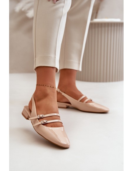 Lacquered Ballet Flats With Straps On Low Heel Beige Bialettia