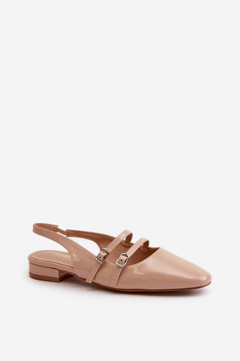 Lacquered Ballet Flats With Straps On Low Heel Beige Bialettia
