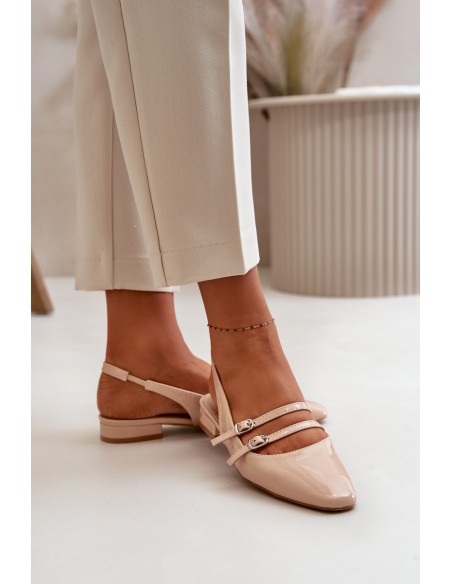 Lacquered Ballet Flats With Straps On Low Heel Beige Bialettia