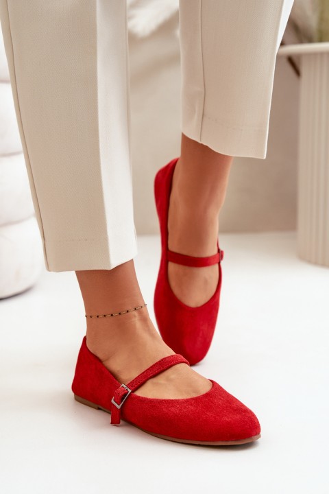 Flat Ballet Shoes With Strap Eco Suede Red Tirilina