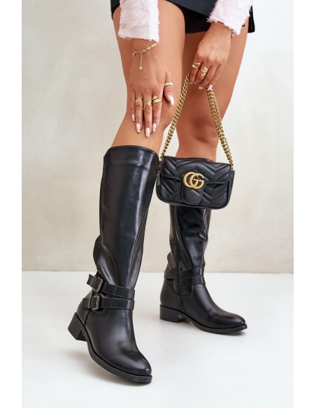 Knee High Women's Boots with Flat Heels and Buckles Black Lotina
