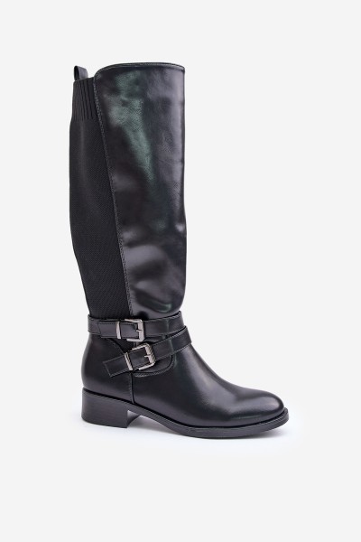Knee High Women's Boots with Flat Heels and Buckles Black Lotina 2