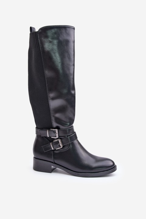 Knee High Women's Boots with Flat Heels and Buckles Black Lotina