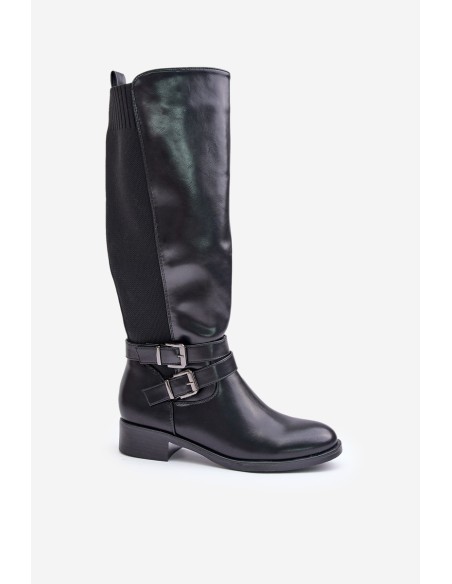 Knee High Women's Boots with Flat Heels and Buckles Black Lotina
