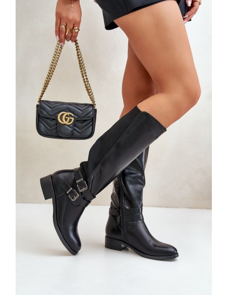 Knee High Women's Boots with Flat Heels and Buckles Black Lotina