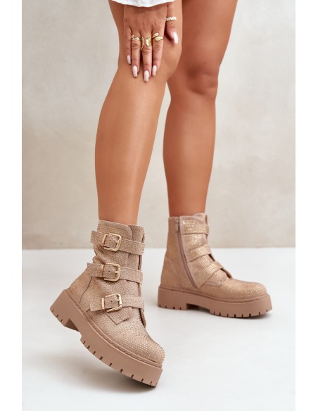 Warm Women's Ankle Boots With Decoration Beige Ciascia