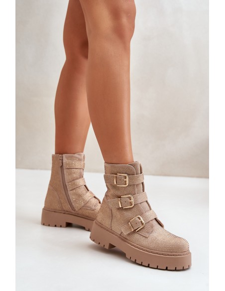 Warm Women's Ankle Boots With Decoration Beige Ciascia