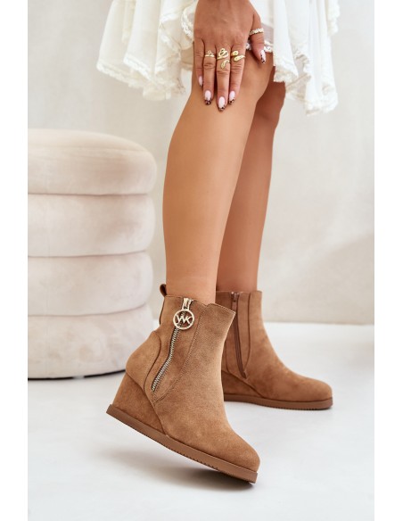 Insulated wedge boots with decorative zipper eco suede camel Leretha