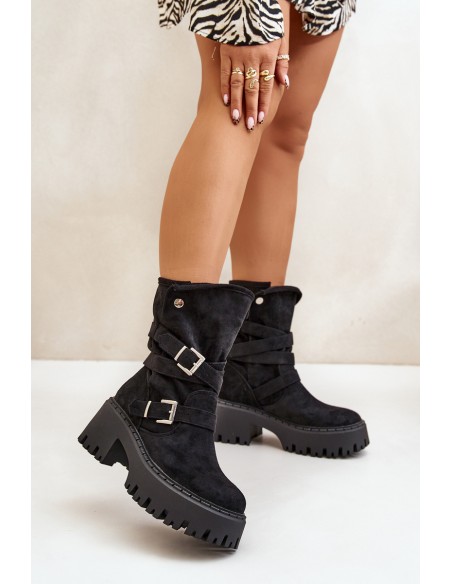 Women's Ankle Boots On Chunky Heel With Buckles And Strap Black Nerelisa