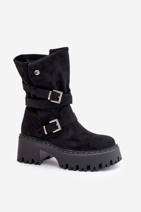 Women's Ankle Boots On Chunky Heel With Buckles And Strap Black Nerelisa