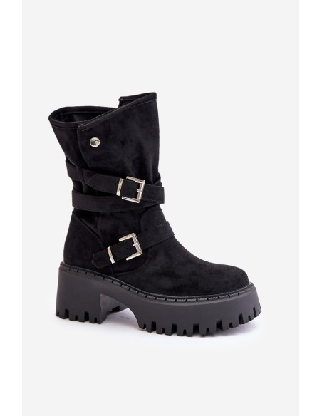Women's Ankle Boots On Chunky Heel With Buckles And Strap Black Nerelisa