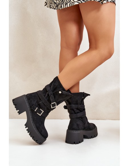 Women's Ankle Boots On Chunky Heel With Buckles And Strap Black Nerelisa
