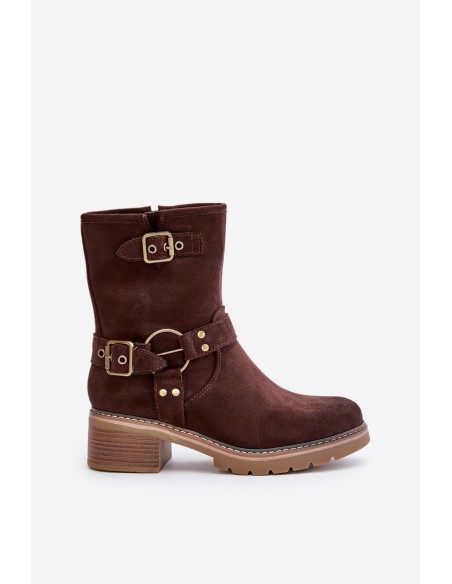 Women's Ankle Boots On Low Heel With Buckles Brown Zudra