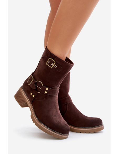 Women's Ankle Boots On Low Heel With Buckles Brown Zudra