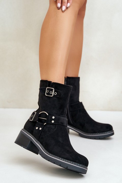 Women's Low Heel Boots With Buckles Black Zudra