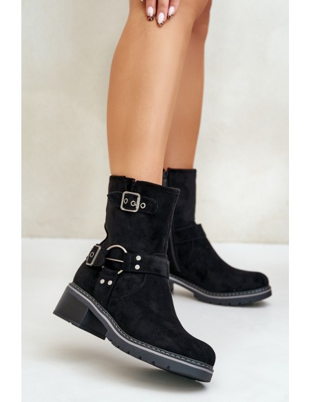 Women's Low Heel Boots With Buckles Black Zudra