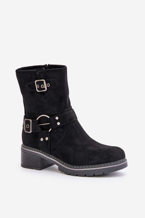 Women's Low Heel Boots With Buckles Black Zudra