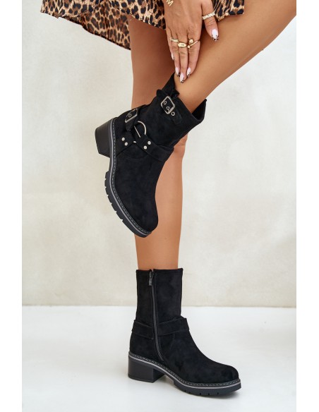 Women's Low Heel Boots With Buckles Black Zudra