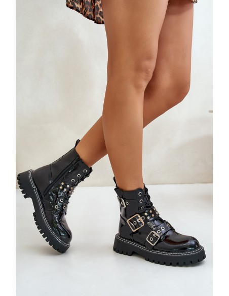 Lacquered Worker Boots With Buckles Black Serizia