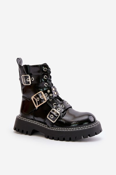Lacquered Worker Boots With Buckles Black Serizia 2