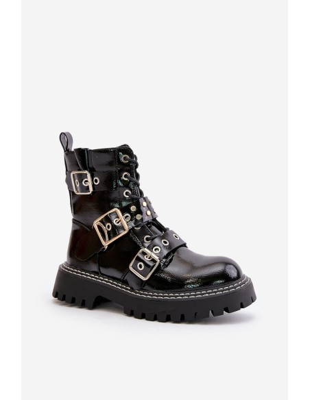 Lacquered Worker Boots With Buckles Black Serizia