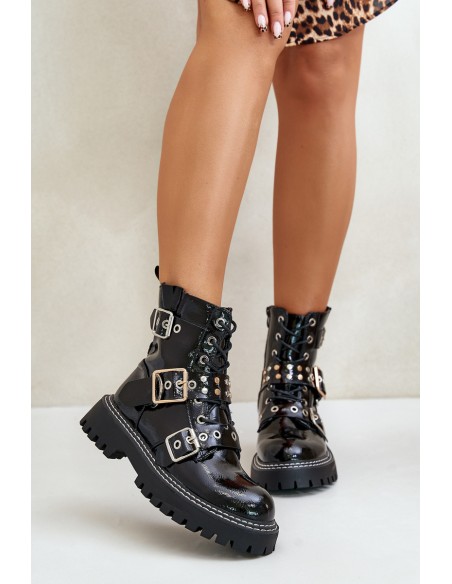 Lacquered Worker Boots With Buckles Black Serizia