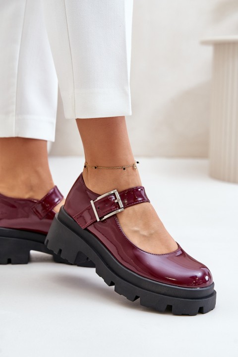 Lacquered Women's Shoes With Buckle Burgundy Plikuria