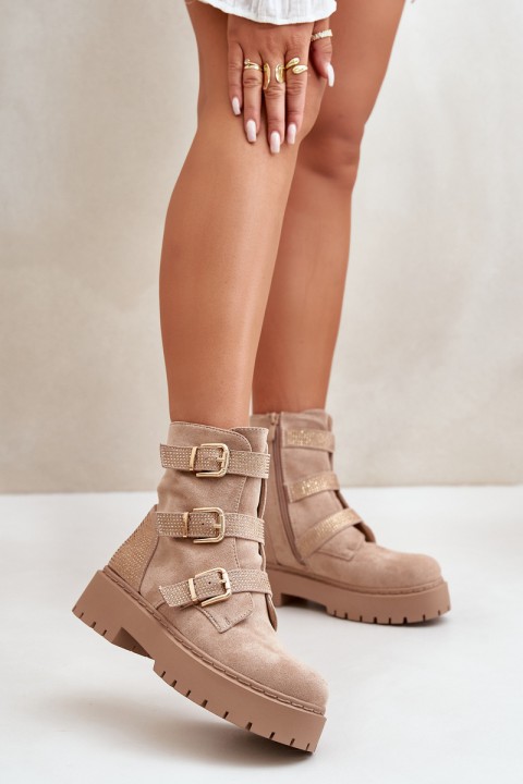 Warm Women's Boots With Buckles Beige Tiaeliana