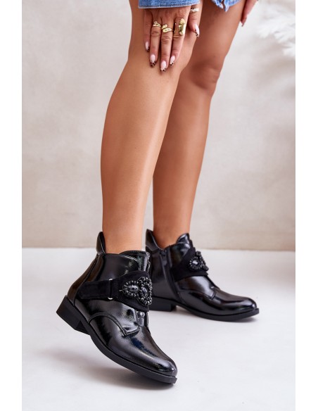 Lacquered Women's Ankle Boots With Decoration Insulated Black S.Barski HY42-021