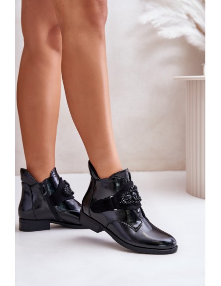 Lacquered Women's Ankle Boots With Decoration Insulated Black S.Barski HY42-021