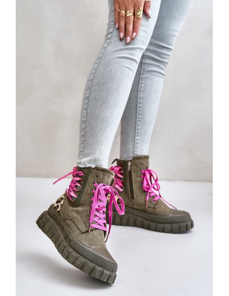 Women's Platform Boots With Decorative Lacing Leopard Green Edidda