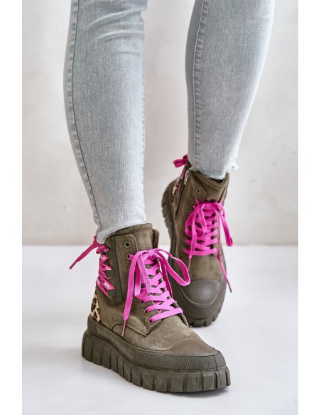 Women's Platform Boots With Decorative Lacing Leopard Green Edidda