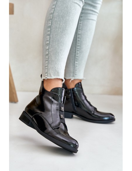 Lacquered Ankle Boots With Zipper Insulated Flat Heel S.Barski HY42-717 Black