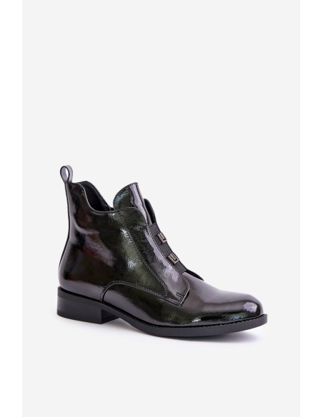 Lacquered Ankle Boots With Zipper Insulated Flat Heel S.Barski HY42-717 Black