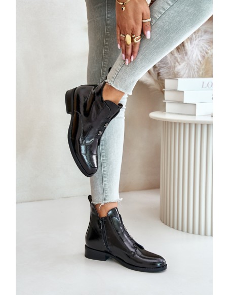 Lacquered Ankle Boots With Zipper Insulated Flat Heel S.Barski HY42-717 Black