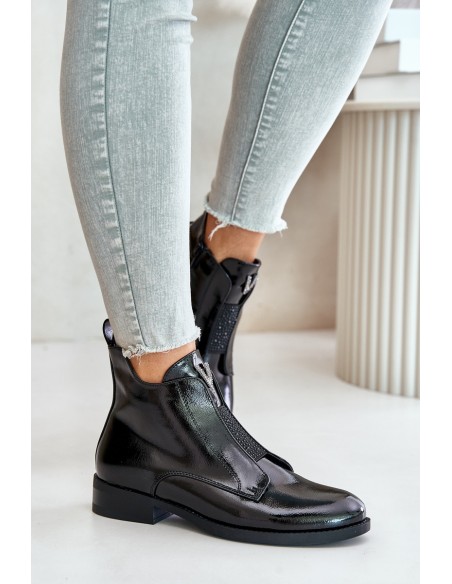 Lacquered Low Women's Boots On Flat Heel Insulated Black S.Barski HY42-120 Black