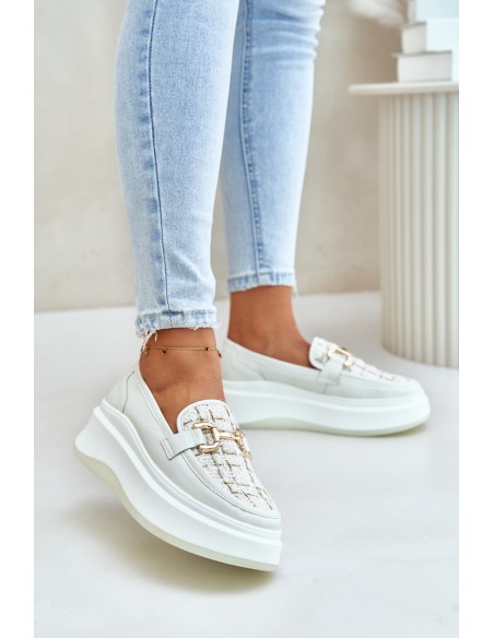 Leather Women's Moccasins On Platform With Golden Decoration 89105 Vinceza Light Beige