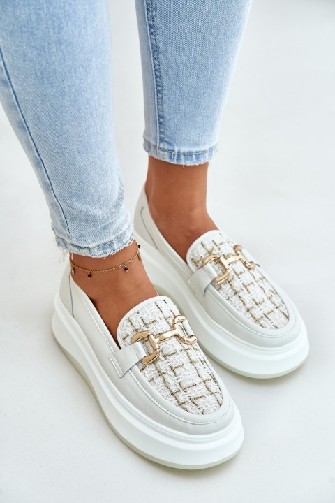 Leather Women's Moccasins On Platform With Golden Decoration 89105 Vinceza Light Beige