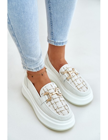 Leather Women's Moccasins On Platform With Golden Decoration 89105 Vinceza Light Beige