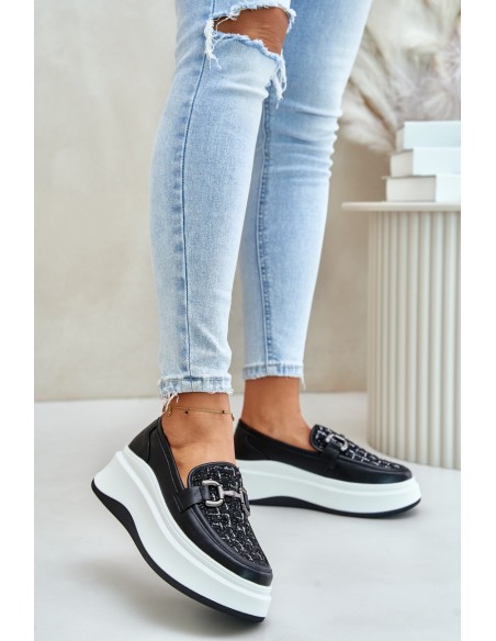 Leather Women's Moccasins On Platform With Decoration Black Vinceza 89105