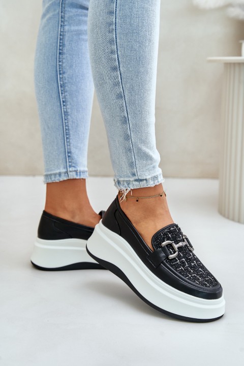 Leather Women's Moccasins On Platform With Decoration Black Vinceza 89105