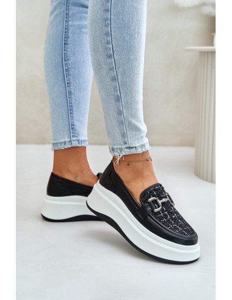 Leather Women's Moccasins On Platform With Decoration Black Vinceza 89105