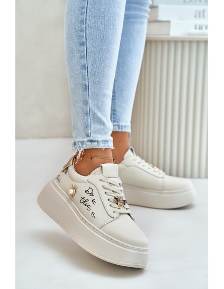 Women Leather Sneakers On Platform With Appliqués And Writing Vinceza 89102 Beige